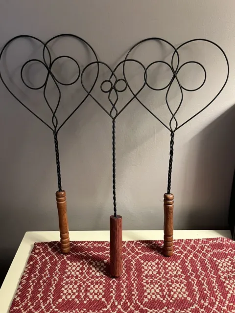 (3) Vintage/Antique Heart Shaped Rug Beater with Wood Handle Rustic Decor