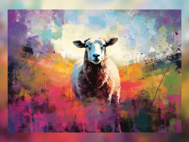 Charming Sheep Oil Painting Print - Semi-Abstract Background Art Decor 16" x 12"