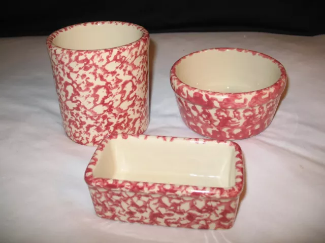 Roseville Gerald Henn Red Spongeware Jar Bowl Lot 3 Crock Stoneware Pottery OH