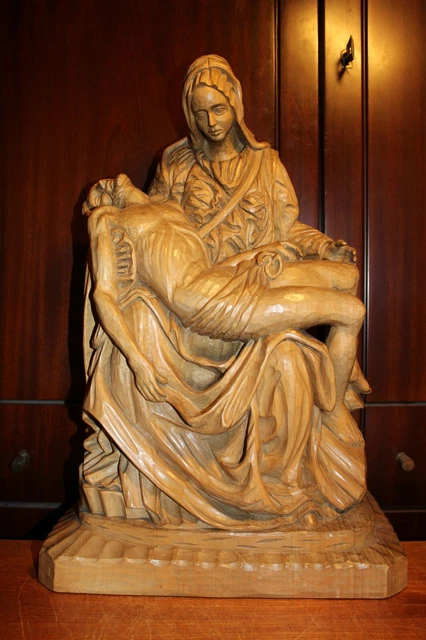 Antique 20" Hand Carved Wood Michelangelo Pieta Our Lady Virgin Mary Statue Gift