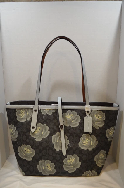NWT COACH CHARCOAL Sky Signature Leather Rose Print Market Tote