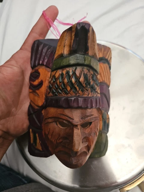 Vintage Mayan Aztec Wooden Hand Carved Hand Painted Ceremonial FACE MASK Warrior