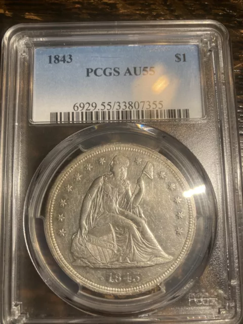 1843 PCGS AU55 Seated Liberty Dollar, Outstanding High Circulated Grade