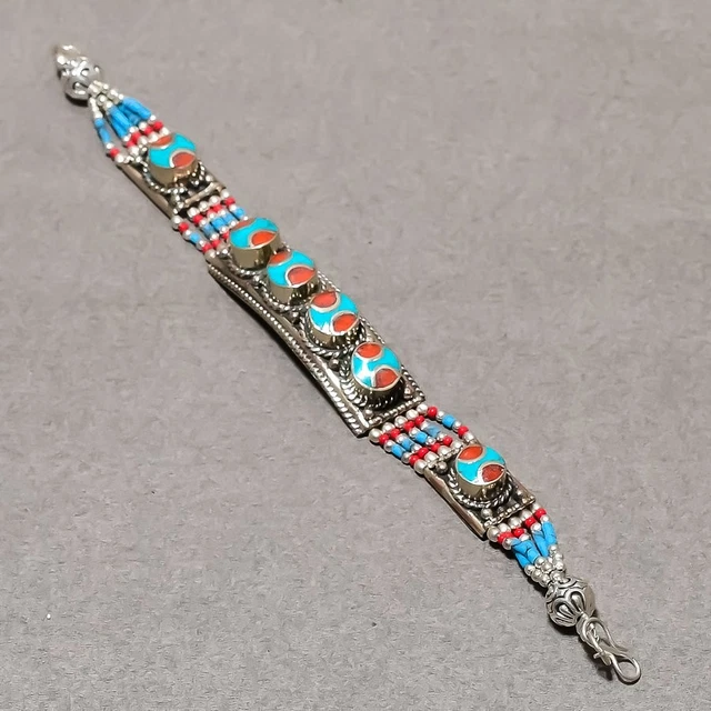 Bracelet Népalais Ethnique Fait Main - Turquoise, Corail Rouge Et Perles - 7 Pouces