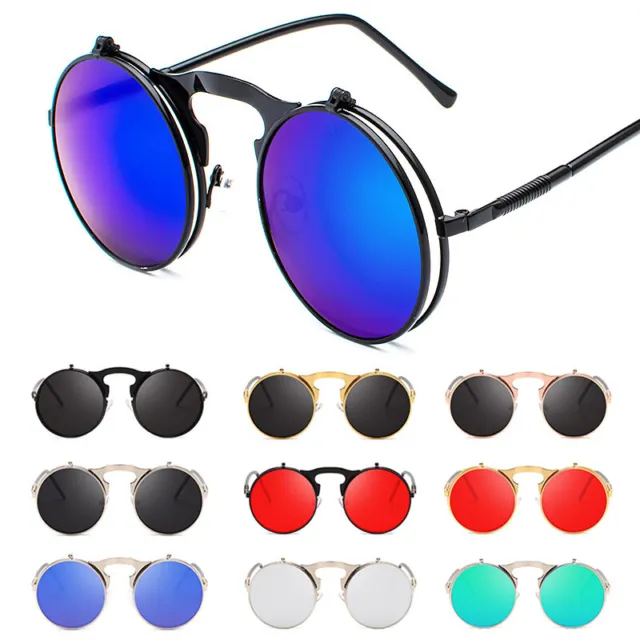 Vintage Round Flip Up Sunglasses John Lennon Style Inspired Metal Circle Glasses