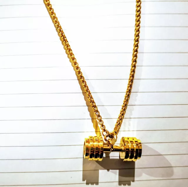 24k Gold Plated Gym Weight Fitness Sport Dumbbell Barbell Pendant Necklace