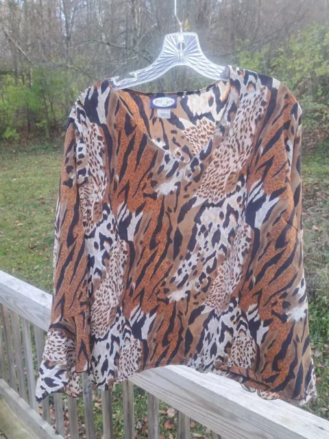 Zoey Beth Plus 3X Mixed Animal Print Blouse Top Tan Browns Black Bell Sleeves