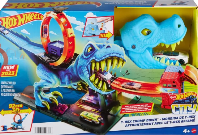 2011 Hot Wheels T-Rex Takedown Track Play Set Dino Sounds 18 Cars - Sealed  Rare