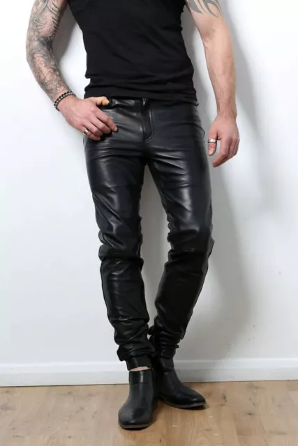 Men's Real Leather Black Pants Trousers Biker Party Fit Trousers Motorbike Pants