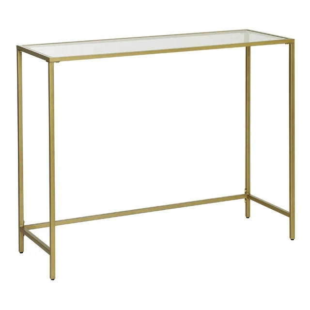 Kin 39 Inch Sofa Table, Metal Console, Tempered Glass Shelf, Gold, Clear-