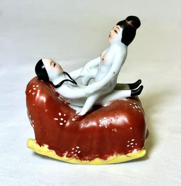 Antique Asian Chinese Erotic Naked Couple Porcelain Figurine Group Rocker