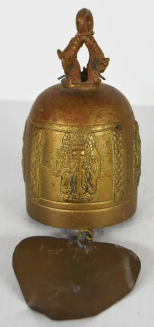4" Vintage Solid Brass Bell Indonesian Temple Motifs Religious Decor Chime Burma