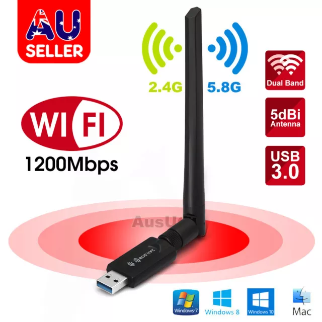 AC1200 High Power USB AC Wireless WiFi Adapter Long Range 802.11AC 5dBi Antenna