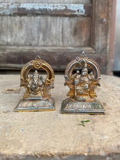 Antique Old Brass Hand Crafted Hindu God Laxmi Ganesha Sculpture