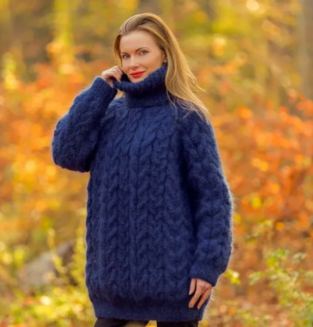 Fuzzy blue mohair sweater thick turtleneck hand knitted pullover SuperTanya