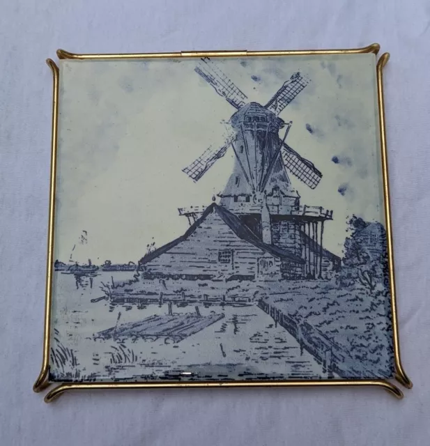 Vintage Blue White Dp Delft Dutch Tile Trivet Signed Windmill Gold Metal Frame