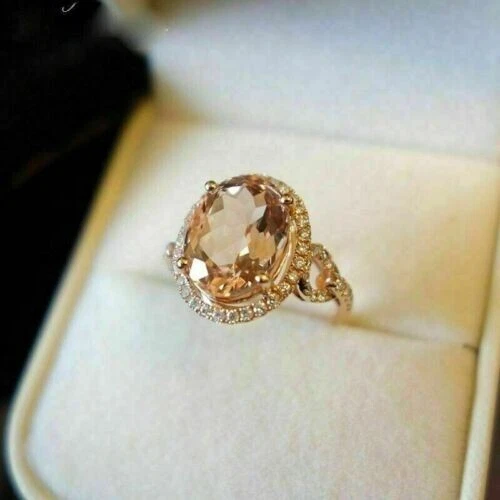 3.20Ct Oval Cut Lab Created Morganite Halo Engagement Ring 14k Rose Gold Plated