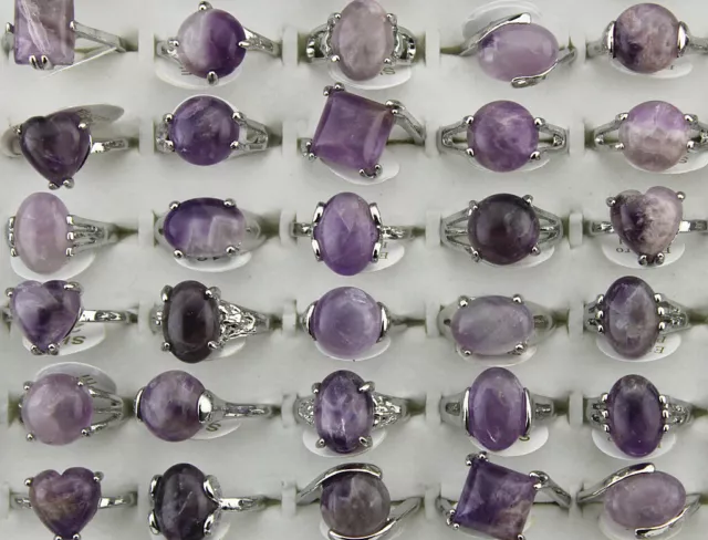 Wholesale Bulk Lots 50pcs Mixed Size Purple Natural Stone Silver P Lady's Rings