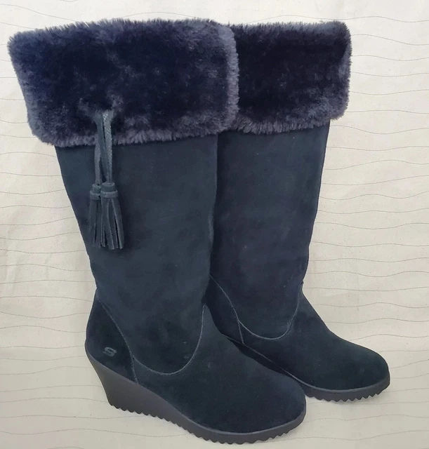 Skechers Womens Tall Black Suede Boots Faux Fur Trim, Wedge Heel, Size 9.5 EUC Skechers Womens Tall Black Suede Boots Faux Fur Trim, Wedge Heel, Size 9.5 EUC