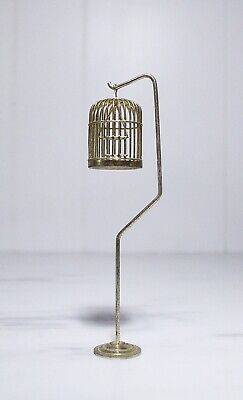 Vintage Artisan Miniature Dollhouse Brass Metal Bird Cage & Stand Decor 1:12