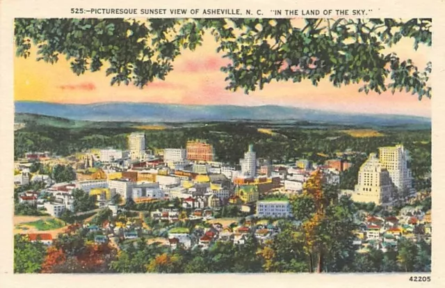 Postcard NC: Sunset Aerial View of Asheville, North Carolina, Unposted, Linen