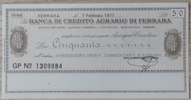 Miniassegni Banca Di Credito Agrario Di Ferrara Lire 50