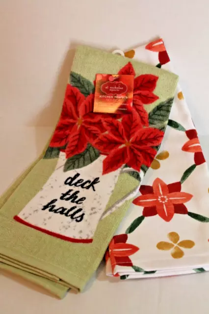 St Nicholas Square Set of 2 Poinsettia Floral Christmas Kitchen Towels