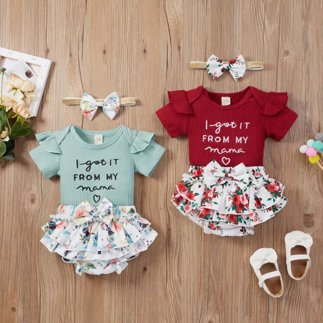 Newborn Baby Girl Floral Outfits Clothes Ruffle Tops Romper Pants Headband Set