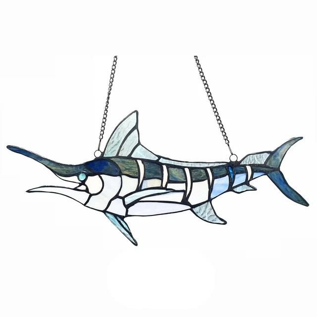 16" Tiffany style stained glass Catch Swordfish window panel fish sun catcher