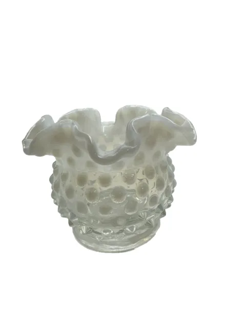 Fenton White Milk Glass Hobnail Vase Crimped Ruffle Top Opalescent 4.25" Vintage