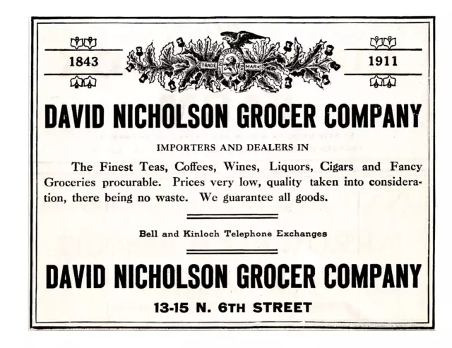 1911 David Nicholson Grocer Co, St Louis, Missouri 1834-1911 Advertisement