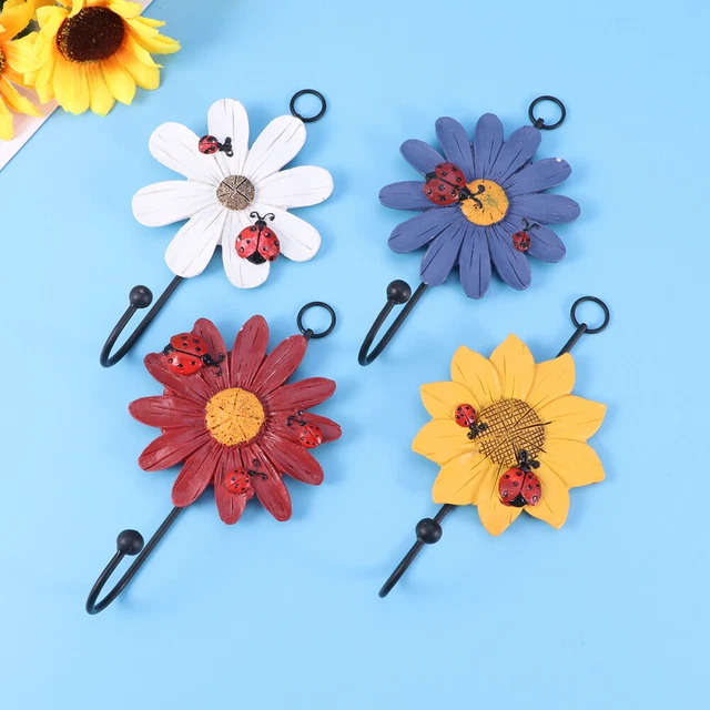 4pcs Painted Flower Resin Wrought Iron Hooks Garden Wall Hanging Door Back Coat