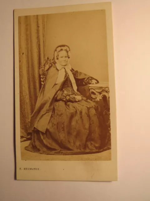 Munich - sitting old woman in mature skirt hood cloak - circa 1860s / CDV
