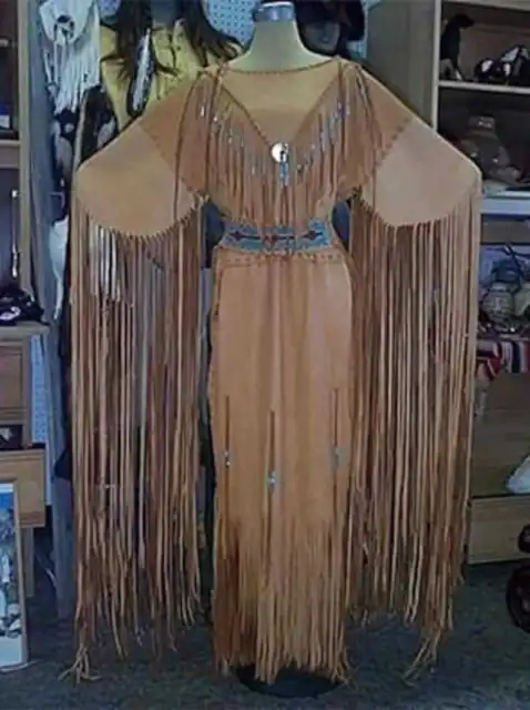Boho Powow Reglia Maxi Native American Cowgirl Style Wedding Dress Brown Leather