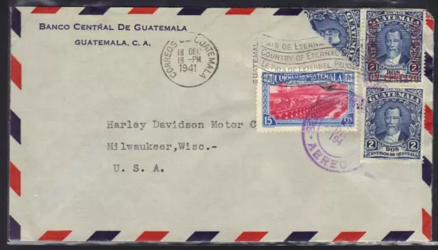 Guatemala 1941 Décembre. 18, Sur Poste Aérienne Housse To The Harley Moteur Comp