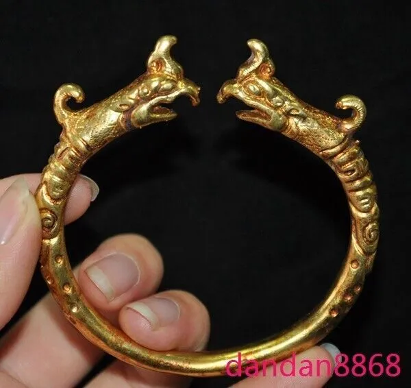 Old China Dynasty Palace Bronze gilt 24k gold bird head Amulet bracelet Bangle