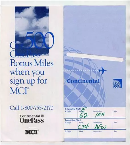 Continental Airlines Ticket Jacket & 4 Tickets Tampa to Houston 1995
