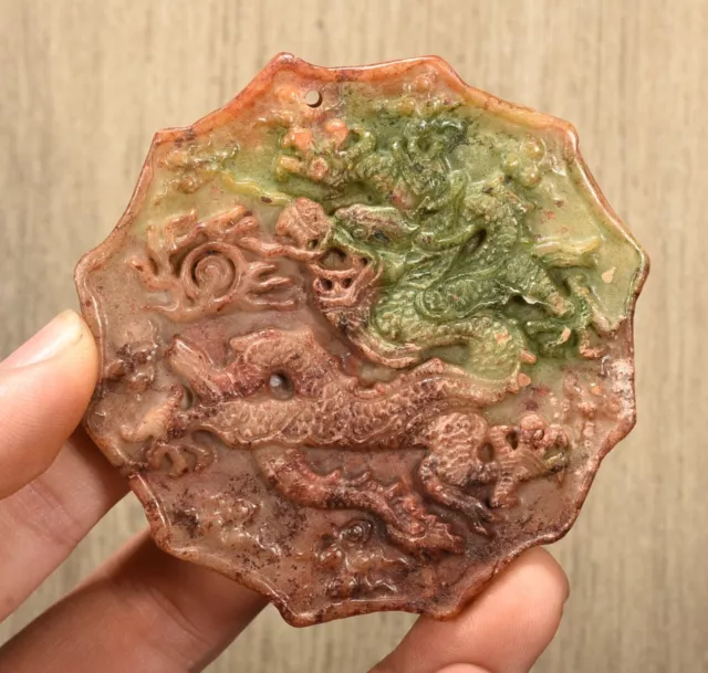 2.9'' Chinesische Hongshan Kultur Grüne Jade Drache Loong Tier Amulett Anhänger