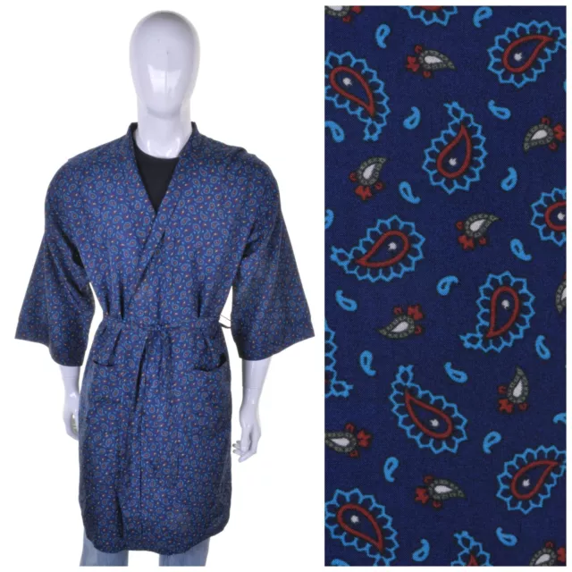 VINTAGE 70s Blue Paisley Silky Dressing Gown L Robe Smoking Jacket Kimono