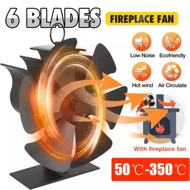 6 Blades Fireplace Stove Fan Heat Self-Powered Wood Top Burner Eco Heater Ecofan