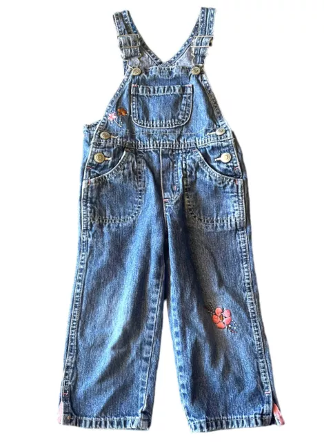 Genuine Kids Oshkosh 2T Toddler Girls Jean Denim Overalls Embroidered Flowers