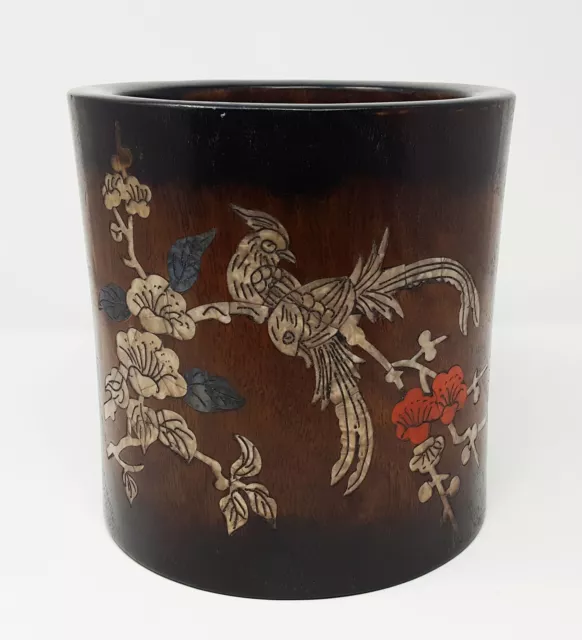 A Mother-Of-Pearl-Inlaid Large Old Chinese Huanghuali Brush Pot