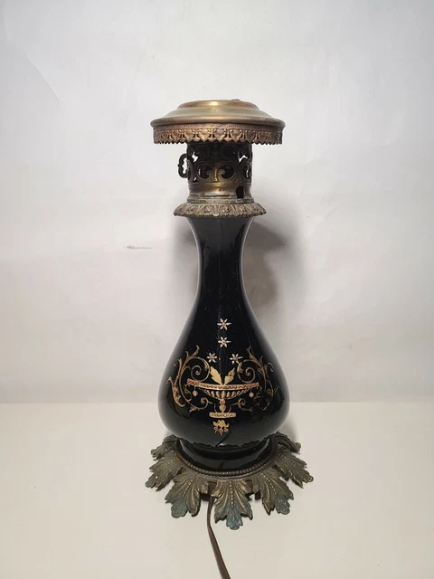 VTG 1 Socket Table Lamp Black Porcelain Gold Oriental Art Deco 14"