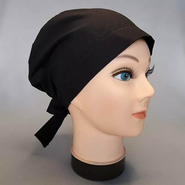 Solid Black 100% Kona Cotton Women's Pixie Scrub Cap w Hair Pocket Surgical Hats