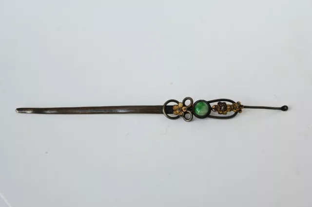 Antique Chinese Qing Dynasty Silver Hair Pin Inlaid with Green Jadeite 3