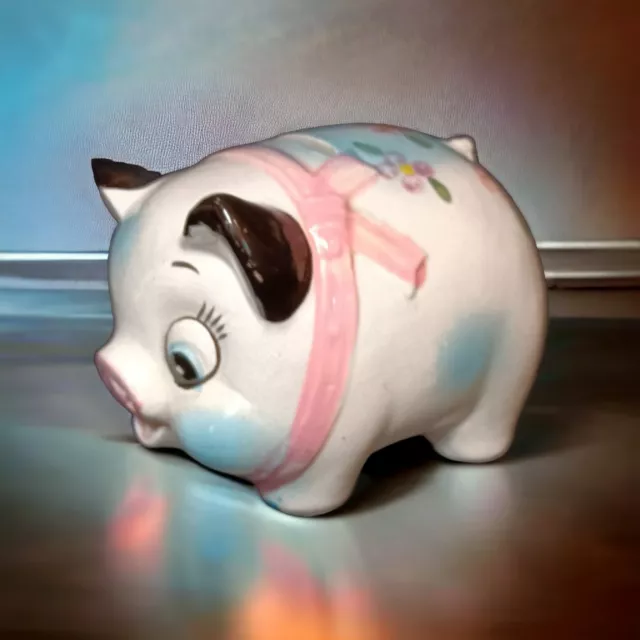 Vintage 1950'S Small 5.5" Ceramic Pink & Blue Piggy Pig  Bank Japan