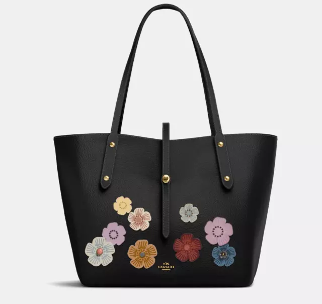 COACH Customized Leather Market Tote Shoulder Bag with tea rose flowers
