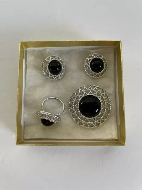 Vintage Sarah Coventry Jet Set Black Onyx Filigree Brooch Earrings Ring Set