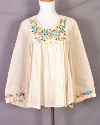 Vintage 60s 70s Hippie Boho Gaze Paysan Haut Floral Brodé Ange Manche 12