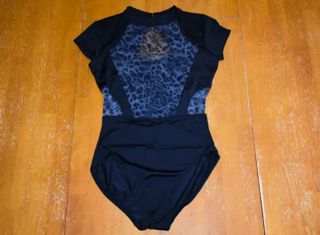 Women's Black Bloch "Keina" Animal Print Cap Sleeve Dance Leotard - Size Small